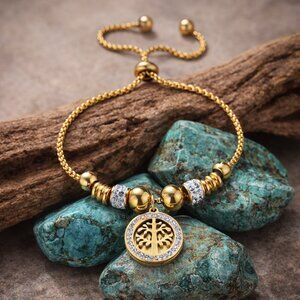 18K Gold Plated Stainless Steel Tree Of Life Cubic Zirconia Talisman Bolo Slider